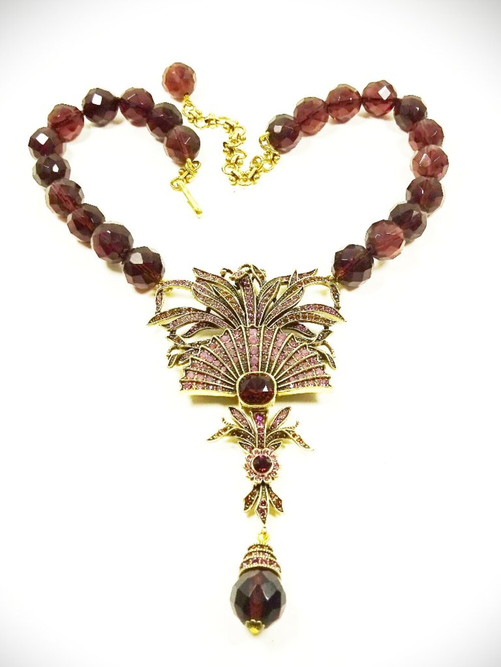 HEIDI DAUS Gorgeous "Lovely Fan" Beaded Aubergine Color Crystal Bib Necklace